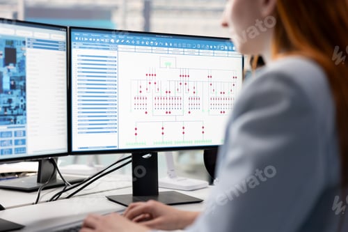 Preview: Technician evaluating PCB system architecture blueprints on computer monitor