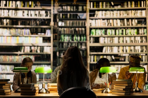 Preview: Back view of young woman seated with classmates in dark library study room
