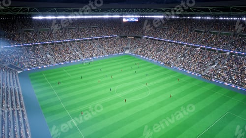 Preview: Computer graphics soccer players doing ball kickoff on stadium pitch at night