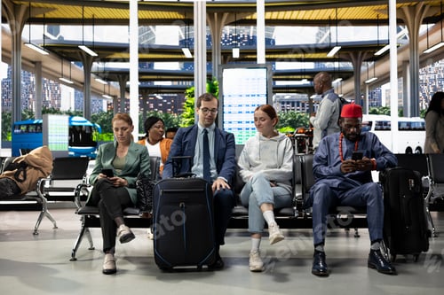 Preview: Young couple waiting in crowded bus terminal before long-haul interstate journey