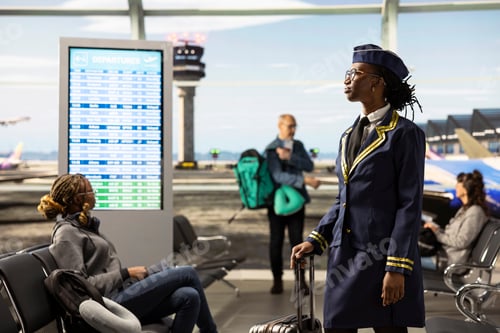 Preview: Woman stewardess in airline uniform standing near terminal window view