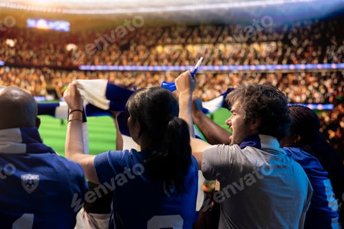 Preview: Football fans in blue team shirts waving scarves in stadium