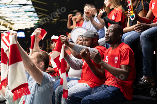 Preview: Organized fan club waving scarves celebrating in the terrace stands
