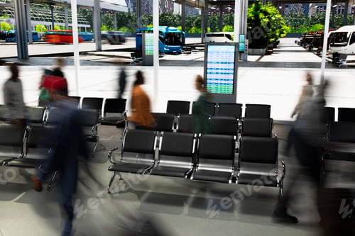 Preview: Fast-moving pedestrians in busy bus stop terminal with motion blur