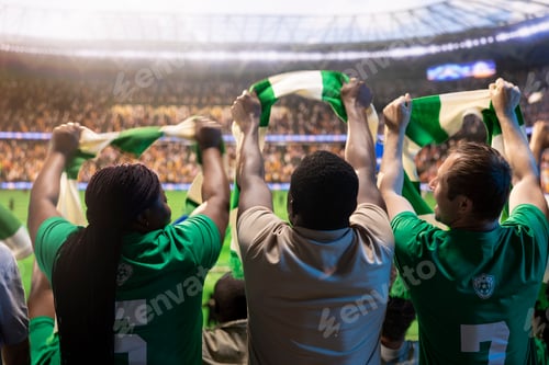 Preview: Football fans raising scarves, cheering for players on field in sports arena