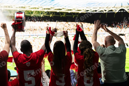 Preview: Back view of loud supporter group celebrating dramatic goal