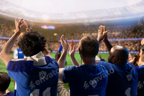 Preview: Close up of soccer fans inside packed stadium clapping game victory