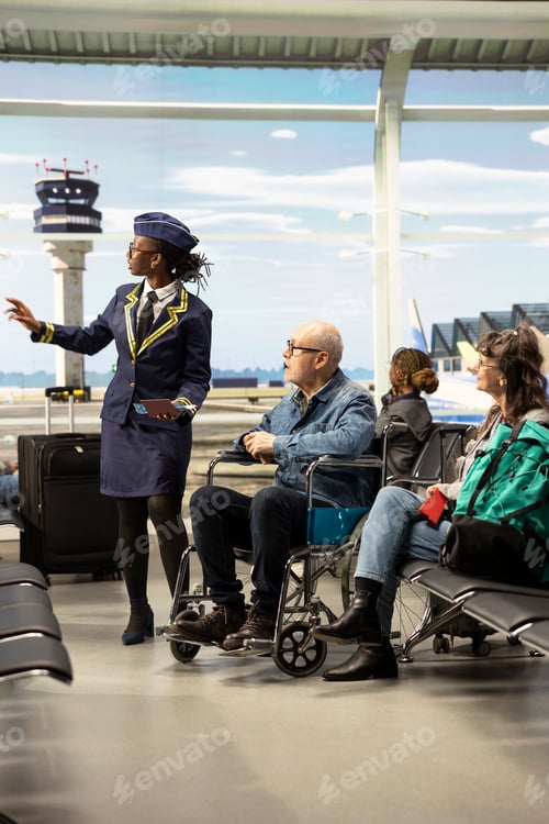 Preview: Black flight attendant helping man wheelchair user at terminal gate