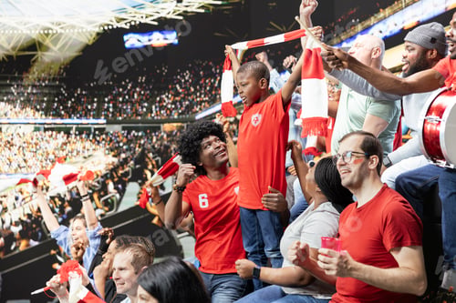 Preview: Excited parents and their little boy enjoy live football match together