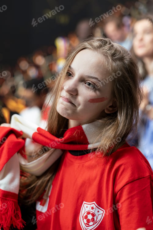 Preview: Female supporter portrait in red shirt and scarf sitting in stadium crowd