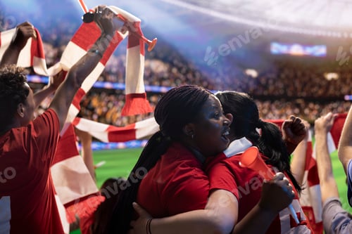 Preview: Women hugging on soccer stadium, creating emotional moment