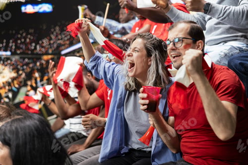 Preview: Excited couple of football supporters celebrating in stadium stands