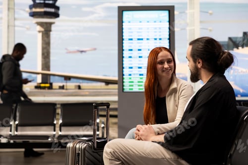 Preview: Young couple sitting in airport lounge before international vacation