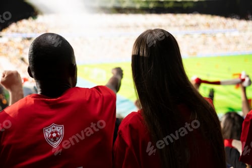 Preview: Back view of organized football fans gathered in the terrace stands
