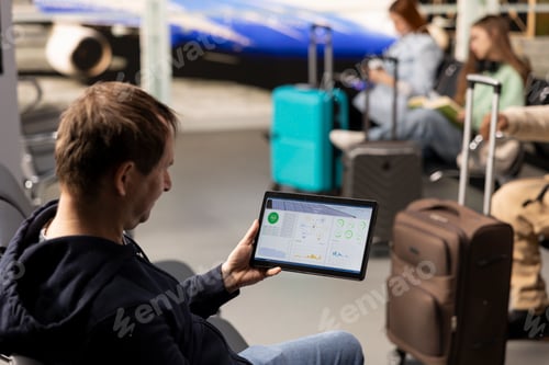 Preview: Man digital nomad engineer working on photovoltaic system in airport