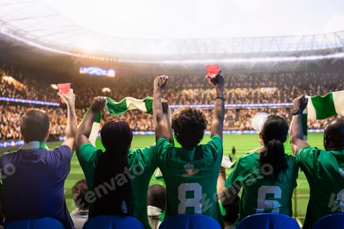 Preview: Football fans cheering with scarves and drinks in stadium