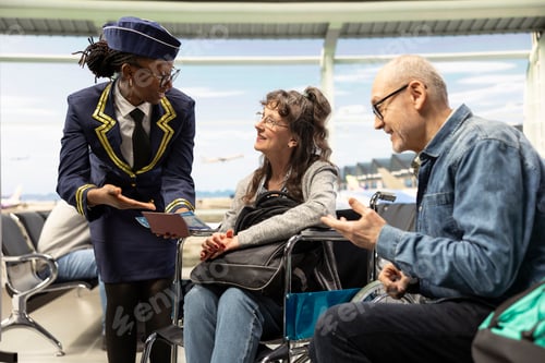 Preview: Friendly flight attendant providing guidance and ticket control assistance