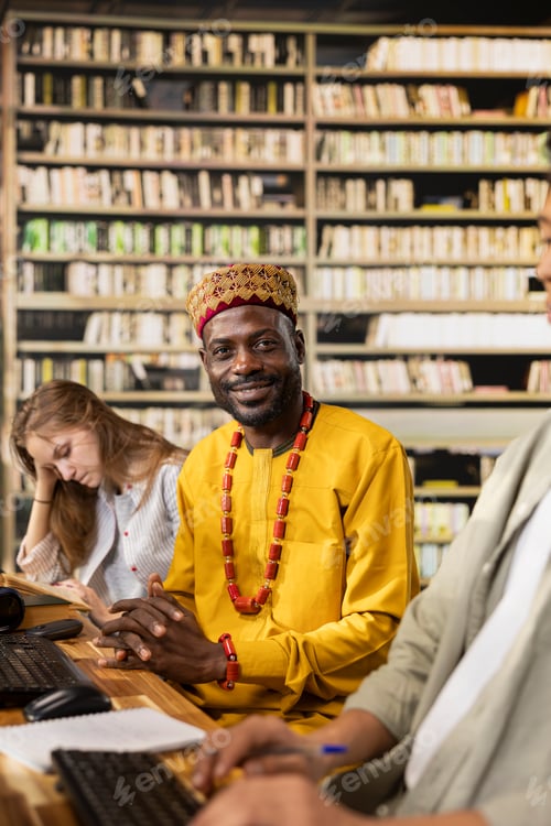 Preview: Portrait of black mature student sits at library computer table with classmates