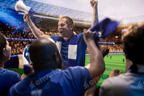 Preview: Cheering football supporter raising arms in stadium stands