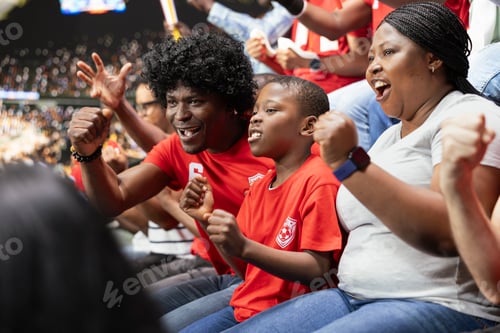 Preview: Happy Black parents and young son cheering in crowded stadium stands