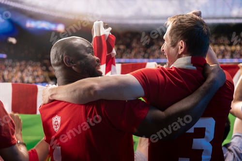 Preview: Happy men in stadium stands doing goal celebration