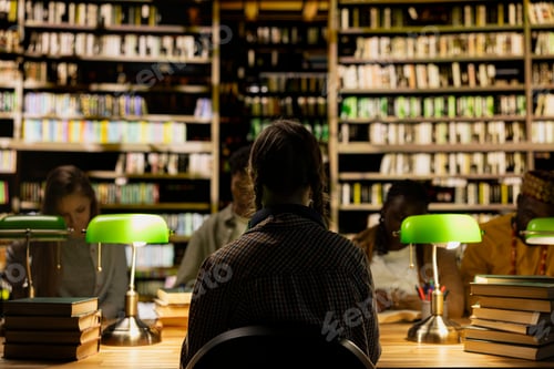 Preview: Back view of student seated at dim library table and reading study materials