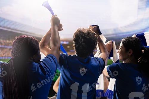 Preview: Happy football supporters in team jerseys raising hands and scarves