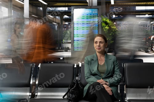 Preview: Travelers moving quickly near woman in bus terminal with visible motion blur