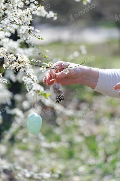 Preview: Woman decorating Easter tree with handmade egg