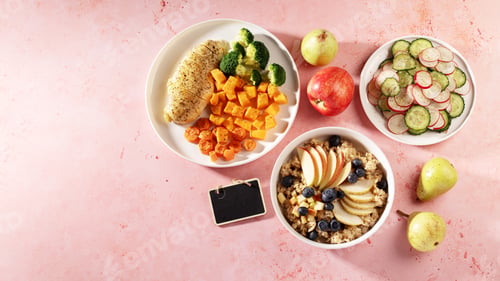 Preview: Balanced diet meal set with chicken, vegetables, oatmeal and fruit with blank blackboard sign for cu