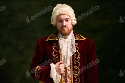 Preview: Portrait of Man Adjusting Historical Wig for Costume Rental