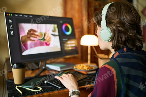 Preview: Adult Woman Editing Product Video on Desktop for Marketing
