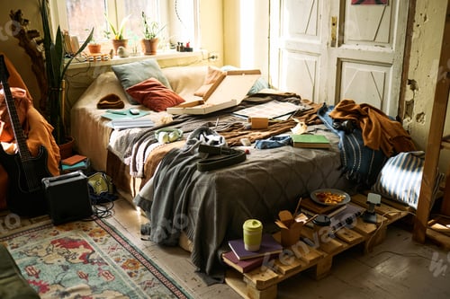 Preview: Messy Bedroom Showing Student Lifestyle and Everyday Disorganization