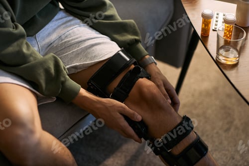 Preview: Adult Man Wearing Knee Brace during Injury Recovery at Home