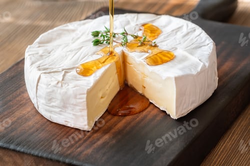 Preview: Golden Maple Syrup Pouring Over Camembert Cheese On Rustic Wooden Board Elegantly