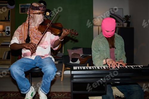 Preview: Masked Young Musicians Performing Violin and Keyboard at Home