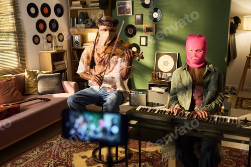 Preview: Masked Young Musicians Performing Home Livestream Music Session