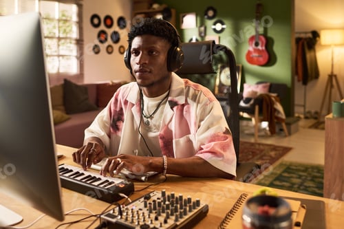 Preview: Black Young Man Producing Music at Home Studio for Digital Content