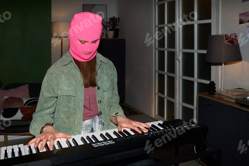 Preview: Young Woman Wearing Balaclava Playing Keyboard for Music Concept