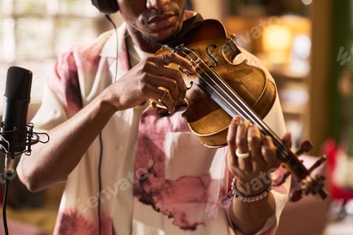 Preview: Black Young Man Playing Violin for Music Recording Session