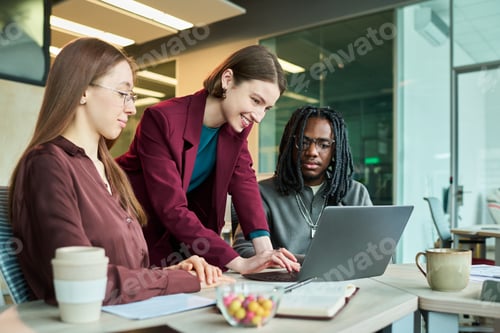 Preview: Diverse Business Team Reviewing Laptop Data in Modern Office