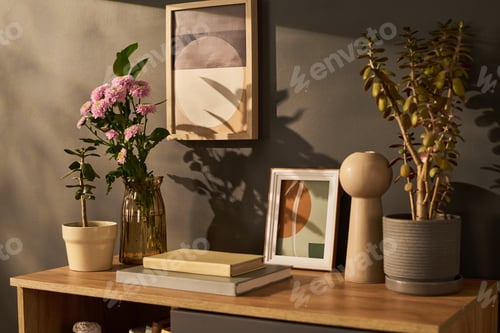 Preview: Home Interior Decor Displaying Plants and Framed Art in Sunlight