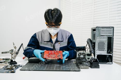 Preview: Professional technician repairing a graphics card PCB using soldering equipment. Ideal for technolog