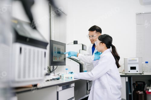 Preview: Two Asian Scientists Analyzing Data on Computer Monitor in Modern Laboratory