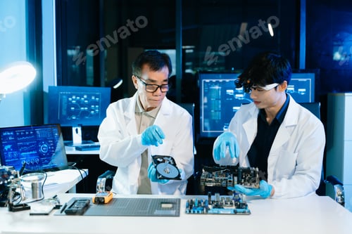 Preview: Asian engineers and scientists working with computer hardware, AI systems and digital technology