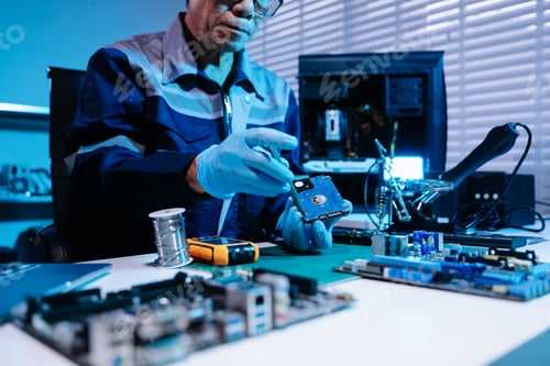 Preview: Technicians repairing hard drive and computer hardware in technology lab, focusing on data recovery,