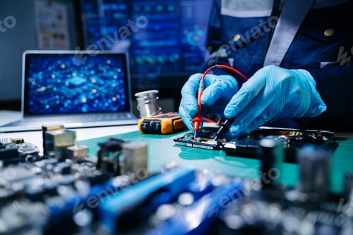 Preview: Closeup of expert soldering a green PCB board using precision tools. Ideal for electronics, circuit
