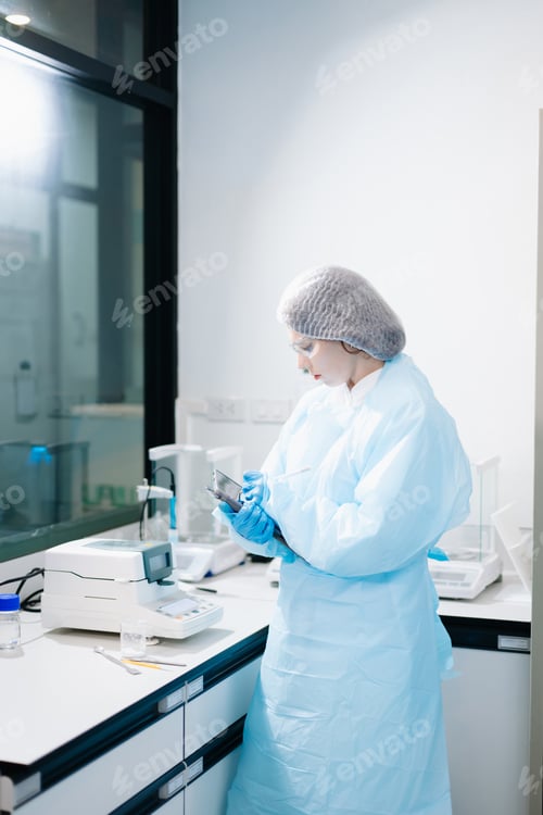 Preview: Caucasian woman researcher analyzing liquid samples with professional equipment in clean medical lab