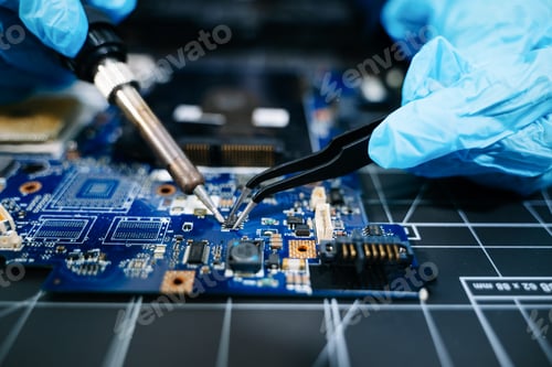 Preview: Technician Soldering Microchip on Circuit Board, Highlighting Precision Electronics Repair, Hardware