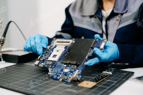 Preview: Close up of technician repairing computer motherboard with electronic components, showcasing hardwar